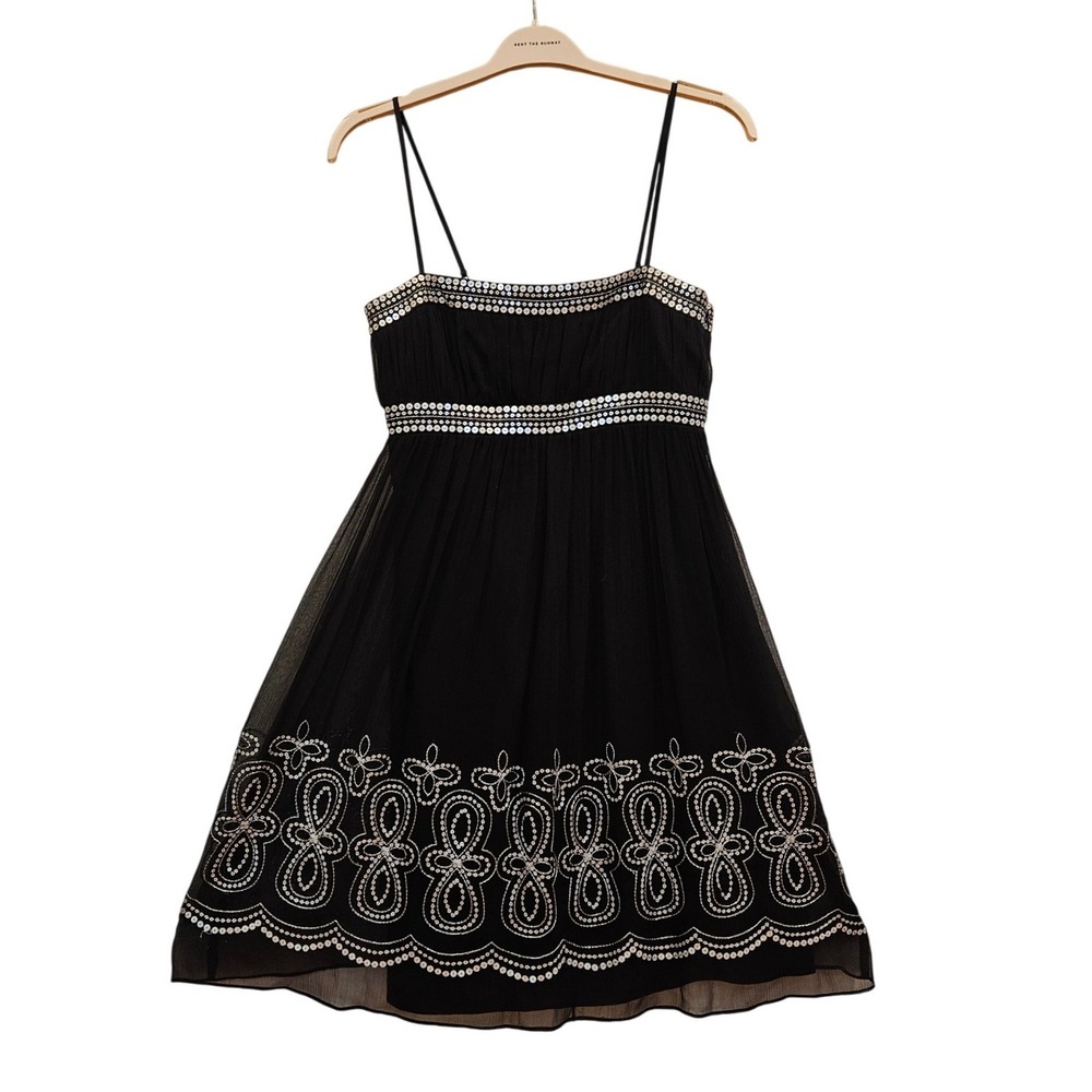 Maggy London Black 100% Silk Beaded Empire Waist Cocktail Mini Dress Womens 6